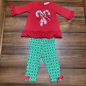 2 Pc Rare Editions Infant Christmas Outfit Candy Cane Top Green Pants -Size 6-9M